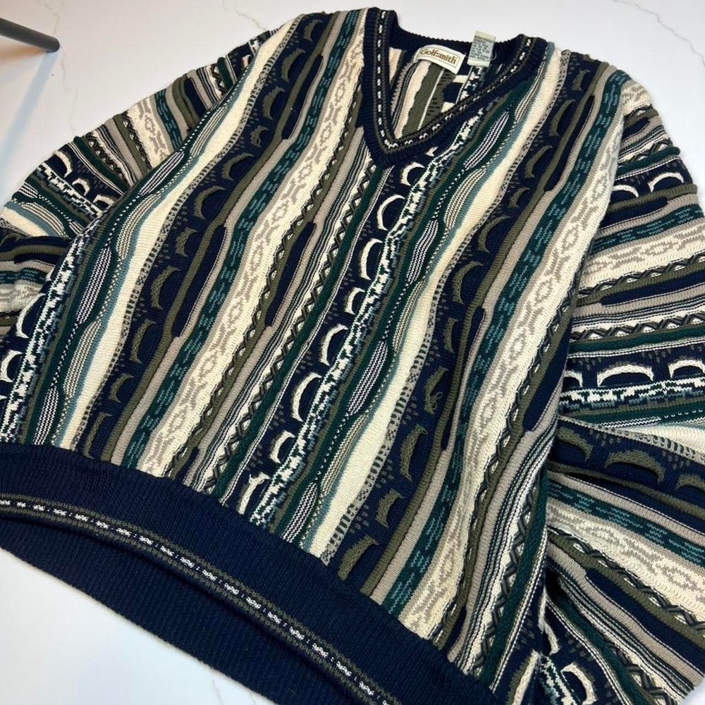 Golfsmith Sweater Mens XL 3D Knit V-Neck Vintage Cotton Multi Pattern Navy Green